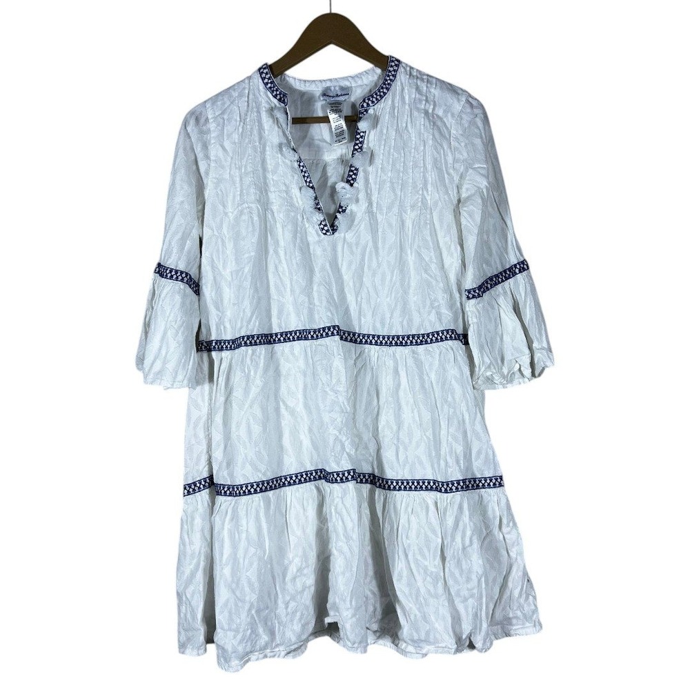 Tommy Bahama Embroidered Tiered Jacquard Tunic Dress White Blue Boho Size XS